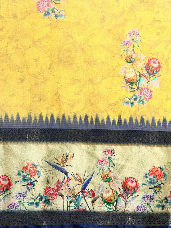 Mustard Kanjeevaram Silk Digital Print Floral Saree & Blouse