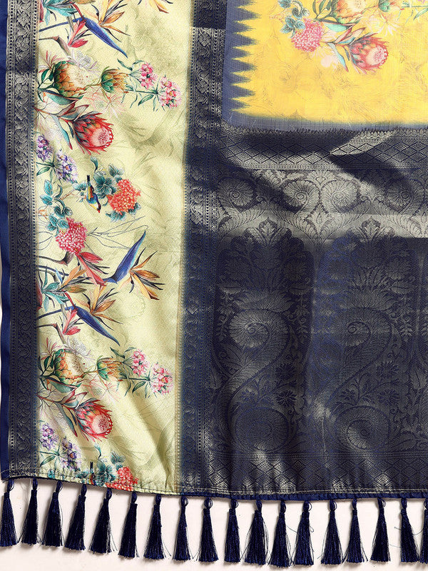 Mustard Kanjeevaram Silk Digital Print Floral Saree & Blouse
