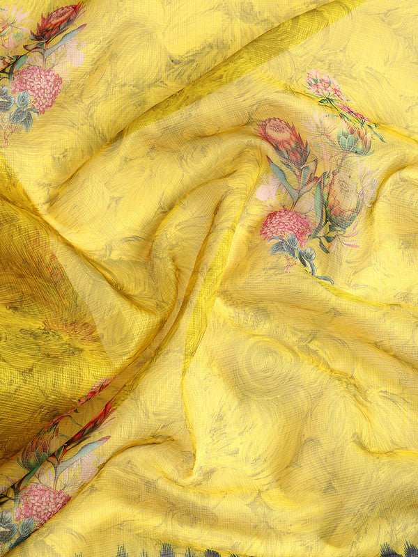Mustard Kanjeevaram Silk Digital Print Floral Saree & Blouse