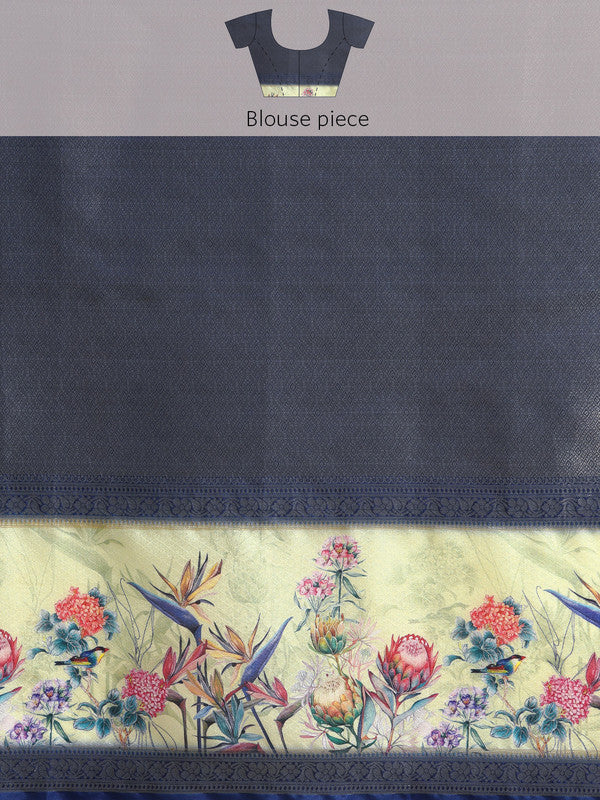 Mustard Kanjeevaram Silk Digital Print Floral Saree & Blouse