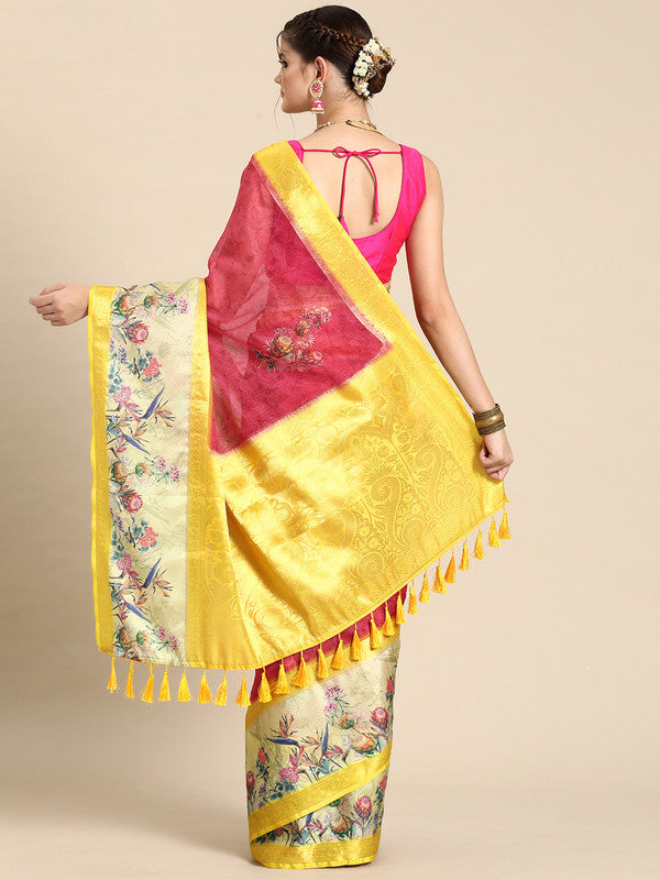 Red Kanjeevaram Silk Floral Digital Print Saree with Blouse Piece
