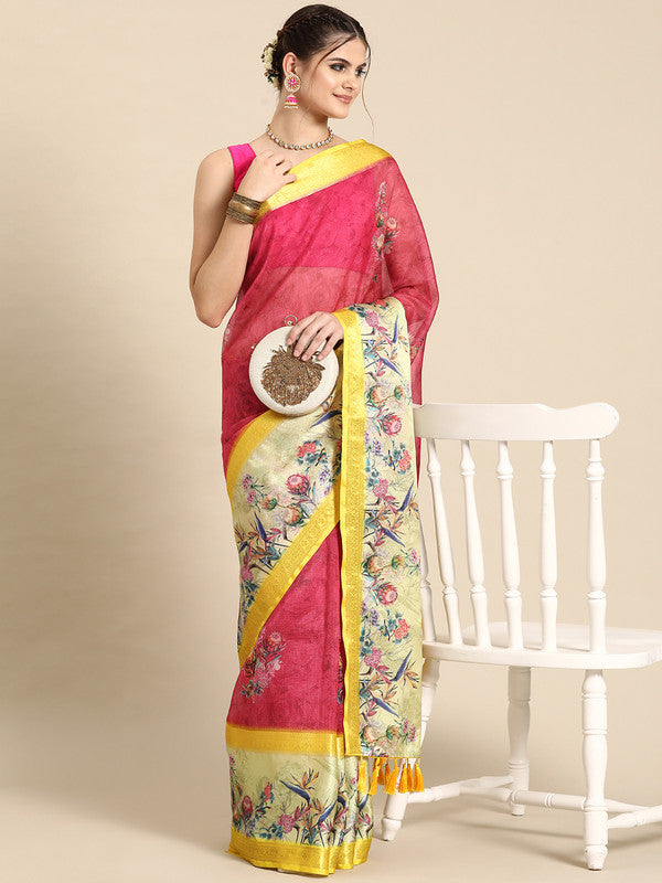 Elegant red Kanjeevaram silk saree with floral digital print and matching unstitched blouse