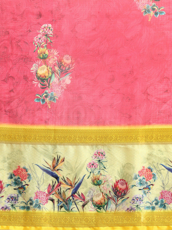 Red Kanjeevaram Silk Floral Digital Print Saree with Blouse Piece