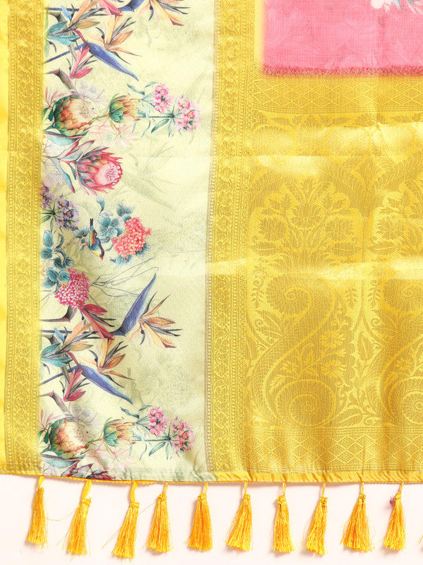 Red Kanjeevaram Silk Floral Digital Print Saree with Blouse Piece