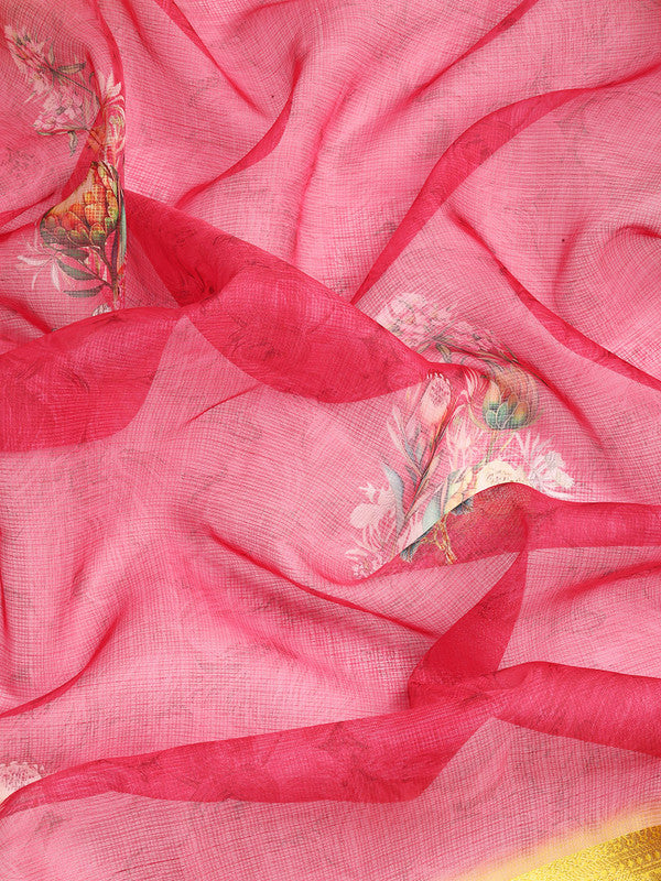 Red Kanjeevaram Silk Floral Digital Print Saree with Blouse Piece