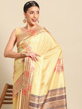 Mustard Art Silk saree with floral print and matching unstitched blouse piece