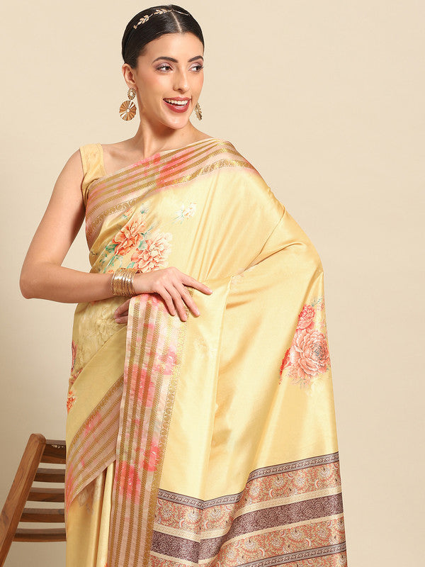 Mustard Art Silk saree with floral print and matching unstitched blouse piece