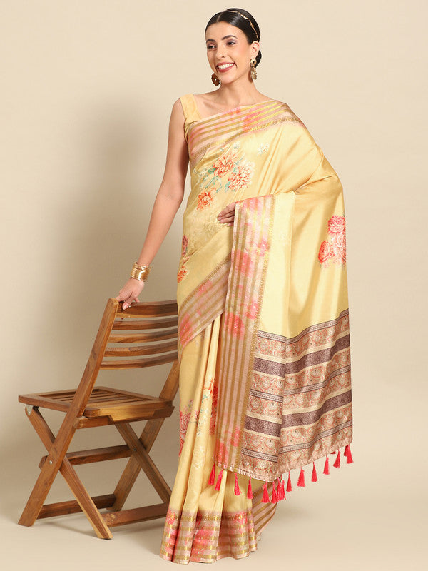 Mustard Art Silk Saree with Floral Print & Blouse Piece