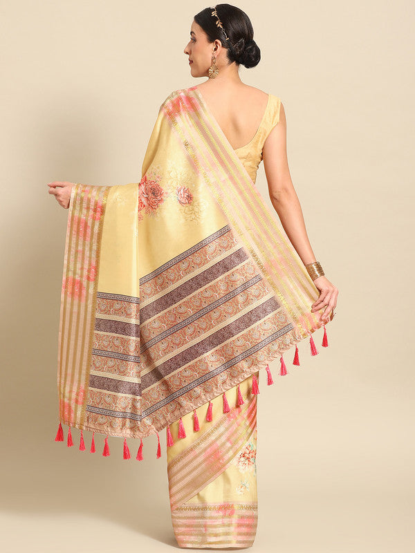 Mustard Art Silk Saree with Floral Print & Blouse Piece