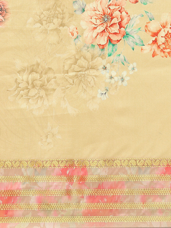 Mustard Art Silk Saree with Floral Print & Blouse Piece