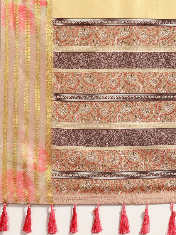 Mustard Art Silk Saree with Floral Print & Blouse Piece