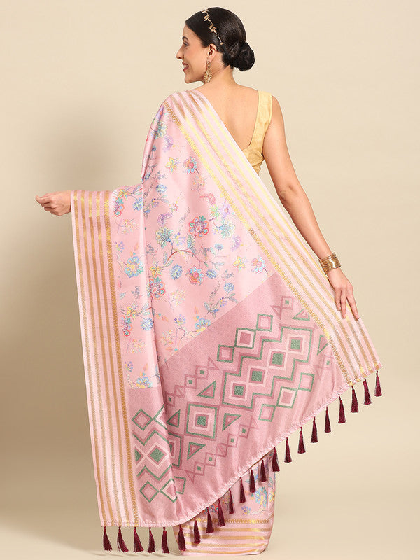 Pink Art Silk Saree with Floral Print and Blouse Piece