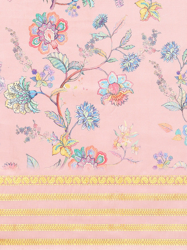 Pink Art Silk Saree with Floral Print and Blouse Piece