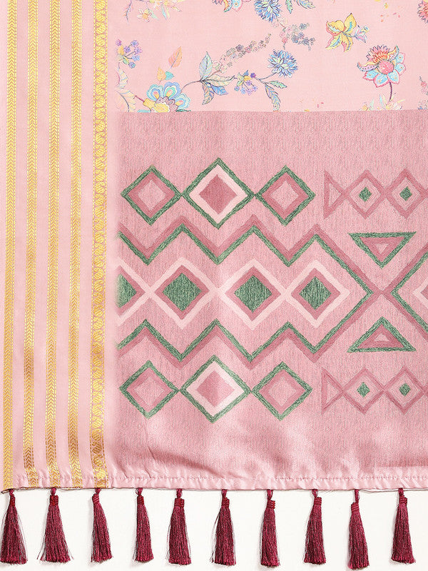 Pink Art Silk Saree with Floral Print and Blouse Piece