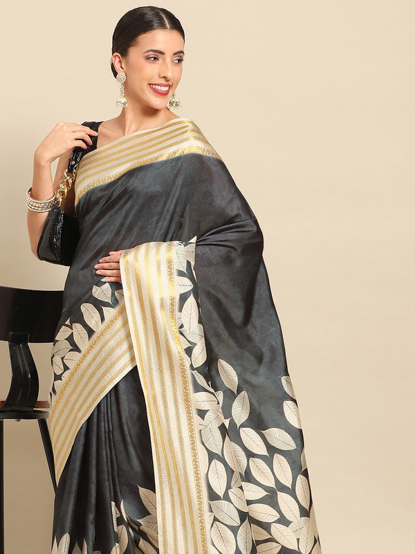 Black art silk saree with floral print and matching unstitched blouse piece