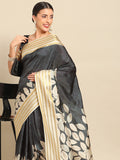 Black art silk saree with floral print and matching unstitched blouse piece