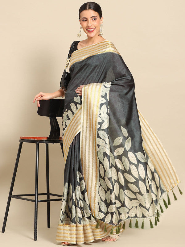 Black Art Silk Saree with Printed Floral Design and Blouse Piece