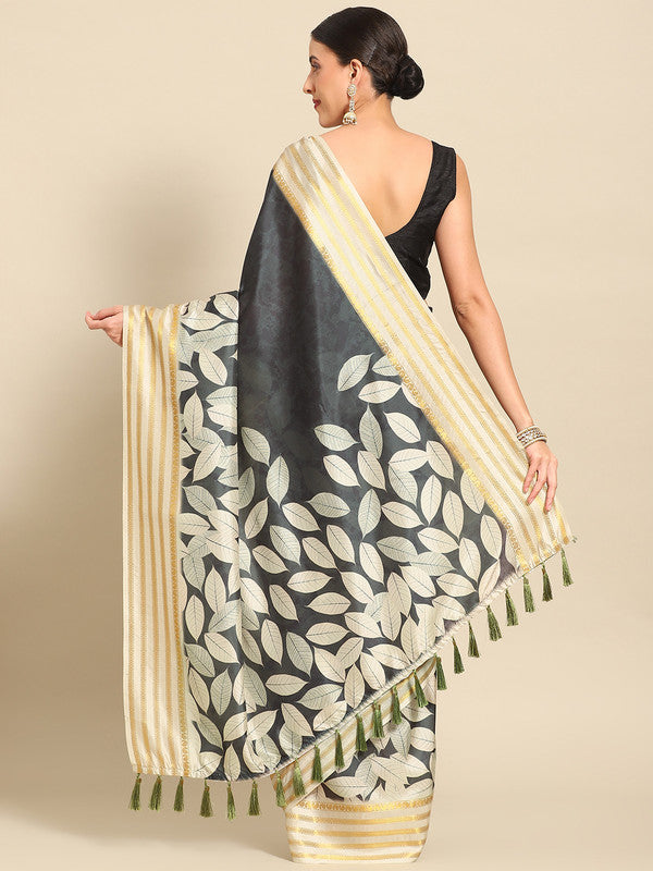 Black Art Silk Saree with Printed Floral Design and Blouse Piece
