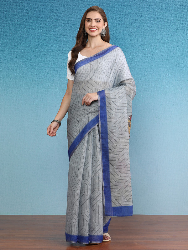 Gray silk cotton saree with digital striped print and unstitched blouse piece