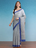 Gray silk cotton saree with digital striped print and unstitched blouse piece