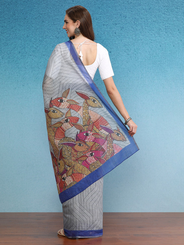 Gray Silk Cotton Striped Digital Print Saree with Blouse