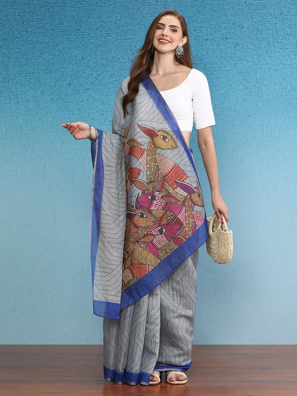 Gray Silk Cotton Striped Digital Print Saree with Blouse