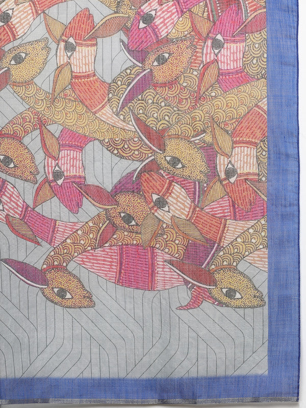 Gray Silk Cotton Striped Digital Print Saree with Blouse