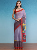 Lavender silk cotton solid saree with digital print accents and unstitched blouse