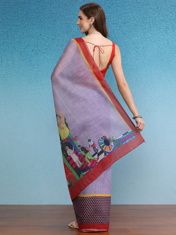Lavender Silk Cotton Digital Print Solid Saree with Blouse