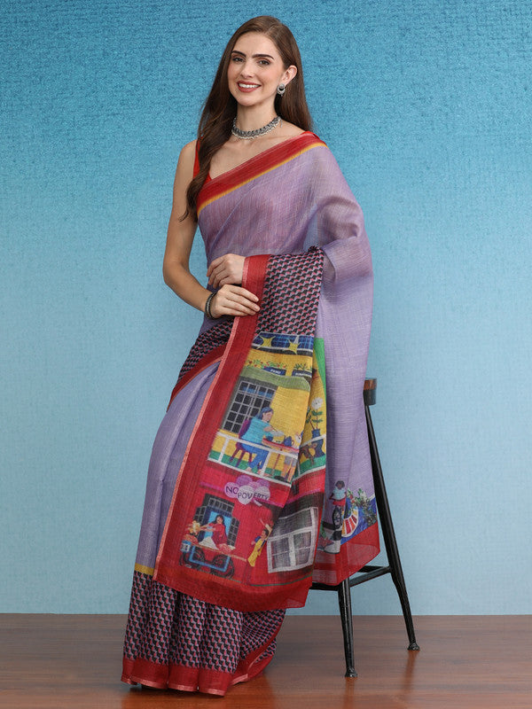 Lavender Silk Cotton Digital Print Solid Saree with Blouse