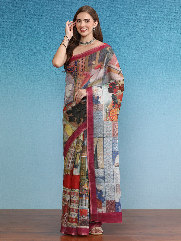 Multicolor silk cotton abstract digital print saree with maroon border and unstitched blouse