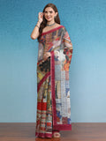 Multicolor silk cotton abstract digital print saree with maroon border and unstitched blouse