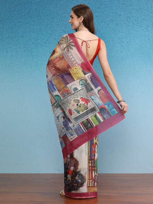 Multicolor Abstract Silk Cotton Saree with Unstitched Blouse
