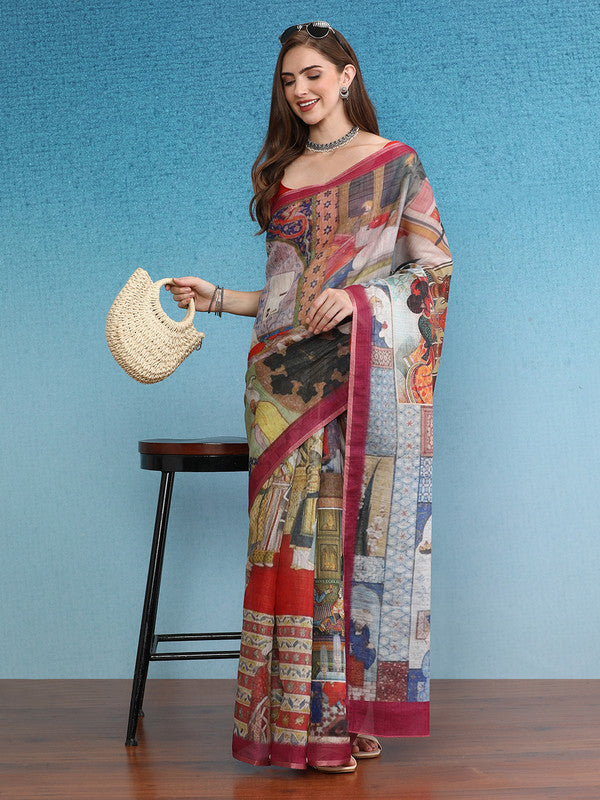 Multicolor Abstract Silk Cotton Saree with Unstitched Blouse