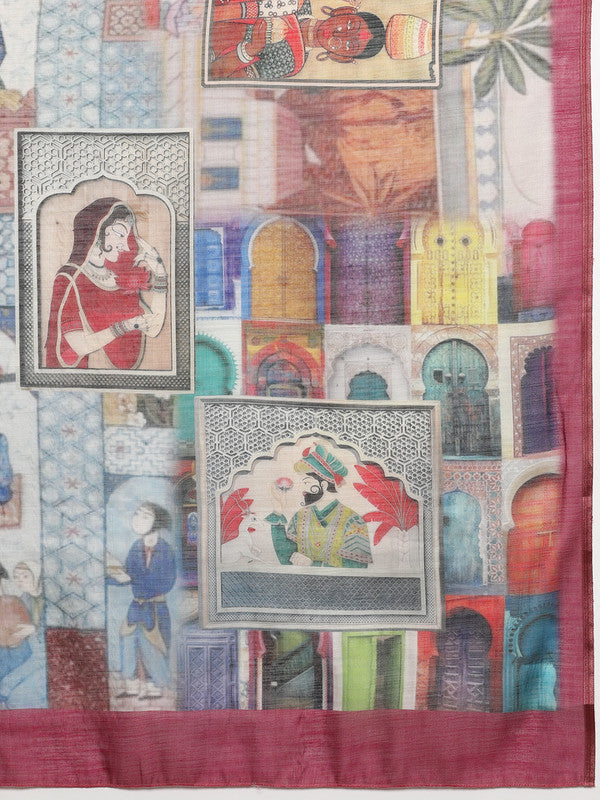 Multicolor Abstract Silk Cotton Saree with Unstitched Blouse