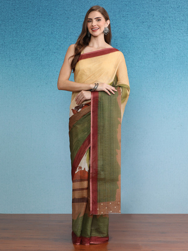 Multicolor silk cotton saree featuring digital floral print with attached unstitched blouse piece