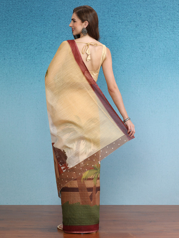 Multicolor Silk Cotton Digital Print Floral Saree with Blouse Piece