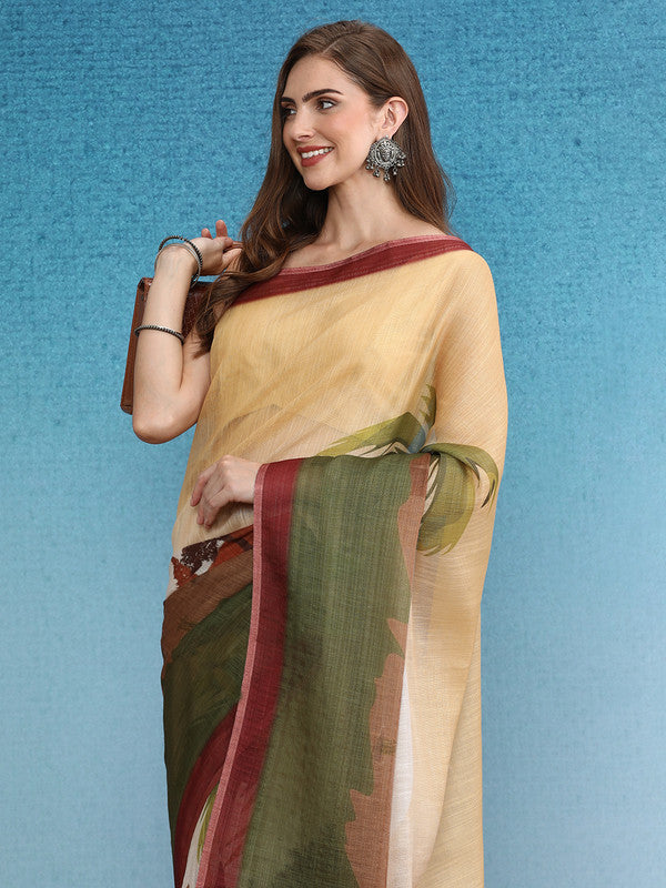 Multicolor Silk Cotton Digital Print Floral Saree with Blouse Piece