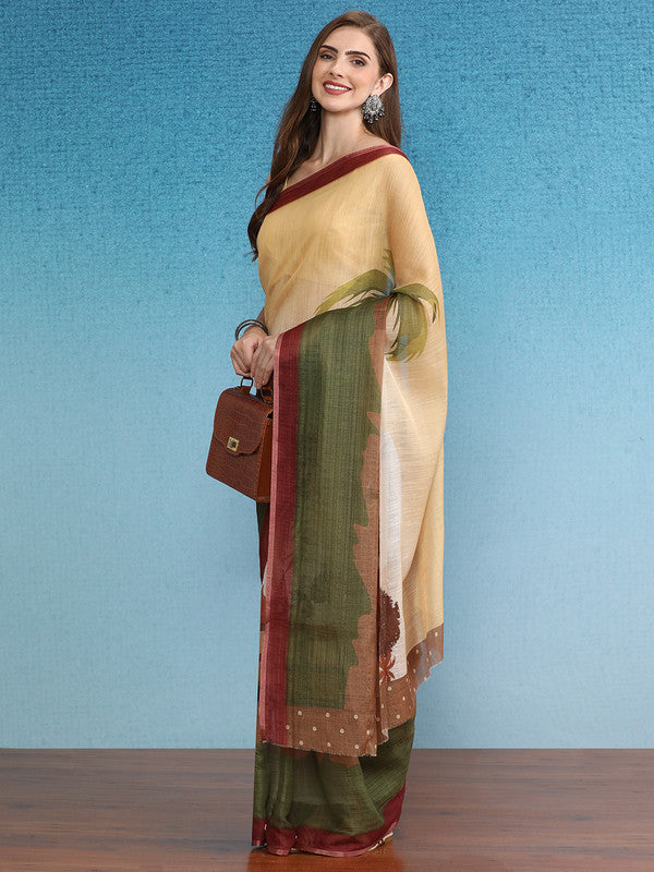 Multicolor Silk Cotton Digital Print Floral Saree with Blouse Piece