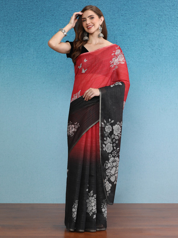 Black silk cotton saree adorned with floral digital prints, includes unstitched blouse piece