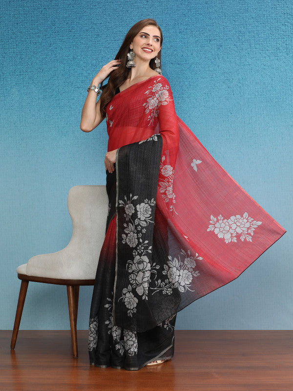 Black Silk Cotton Saree with Floral Digital Print