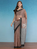 Elegant brown silk cotton saree with digital print stripes and unstitched blouse piece