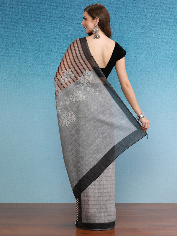 Brown Silk Cotton Striped Digital Print Saree with Blouse Piece