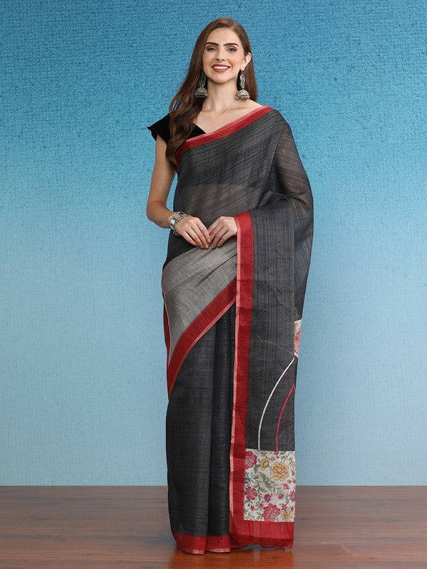 Gray silk cotton saree with digital print pattern and unstitched blouse piece