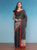 Gray silk cotton saree with digital print pattern and unstitched blouse piece