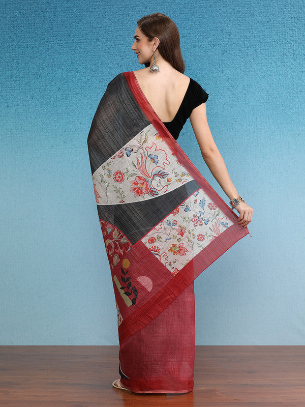 Gray Silk Cotton Digital Print Solid Saree with Unstitched Blouse