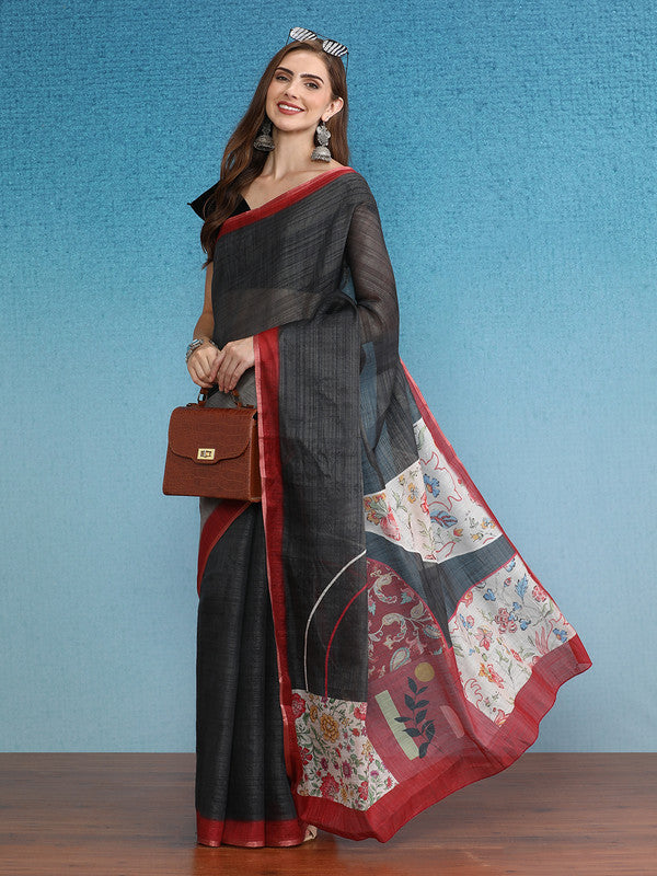 Gray Silk Cotton Digital Print Solid Saree with Unstitched Blouse