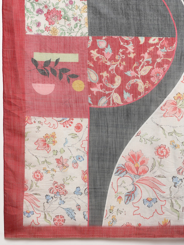 Gray Silk Cotton Digital Print Solid Saree with Unstitched Blouse