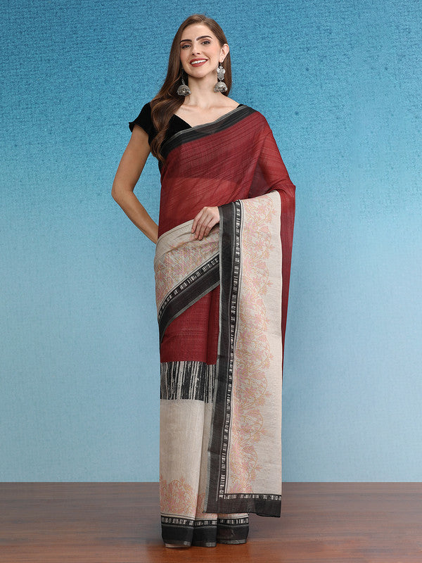 Maroon silk cotton saree with digital print pattern and unstitched blouse piece