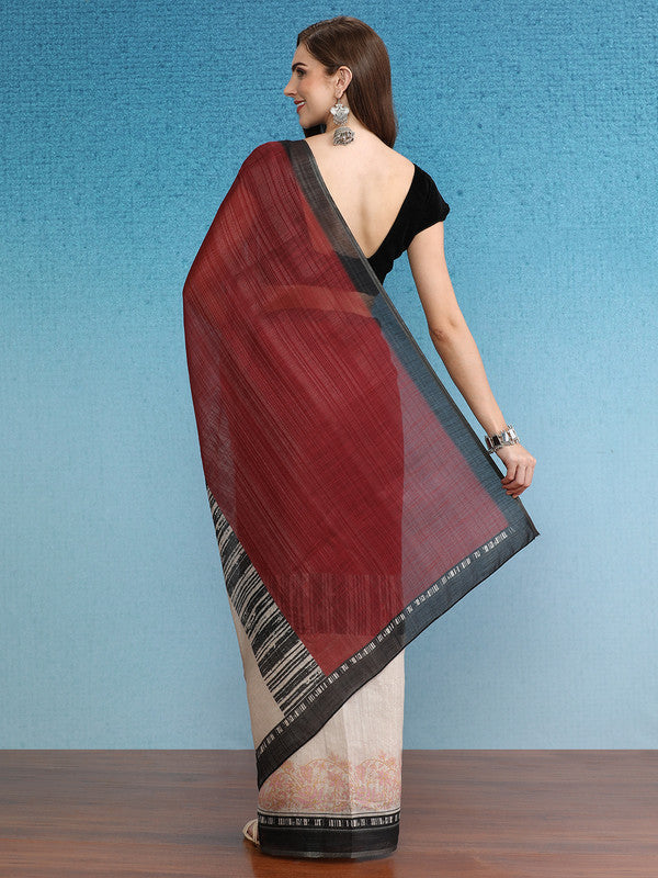 Maroon Silk Cotton Digital Print Solid Saree with Unstitched Blouse